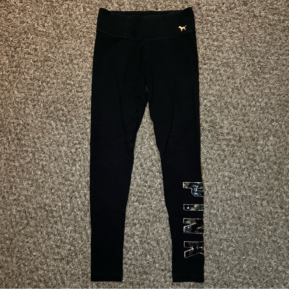 PINK Victorias Secret XS Yoga Leggings Black Rhinestones Bling Logo Extra Small